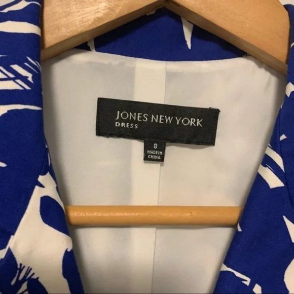 Jones New York Blue White Abstract Floral Print Midi Knit Pull Over Dress Size 8 - Picture 3 of 12